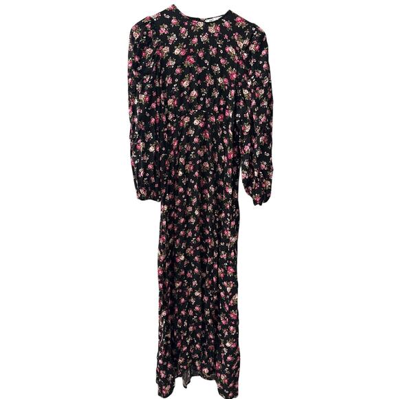 Zara Printed Long Sleeve Black Florals Midi Dress Size Small - Picture 9 of 15
